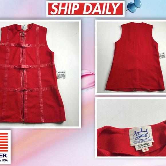 Vintage Retro Gothic Women Sleeveless Leather Lines Top Zip SAUN Wool Size 16🔥 - Picture 1 of 9